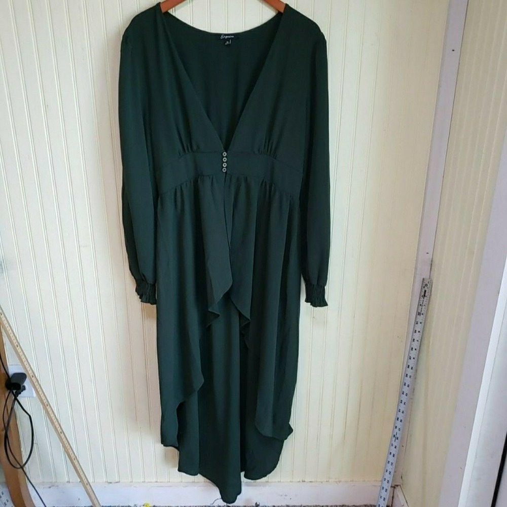 Emperice Dress Womens 1X Green Solid Long Sleeve V Neck Asym Hem Hi-Low Maxi